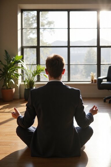 Mindful business leader meditating in office