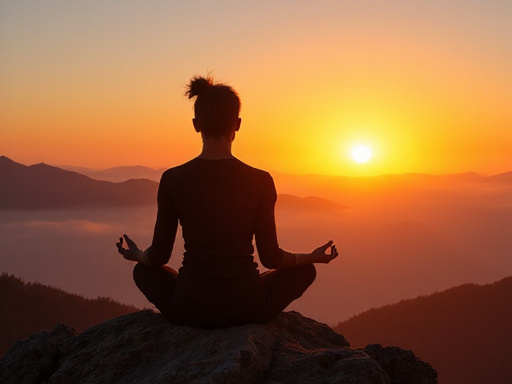 Person meditating at sunrise