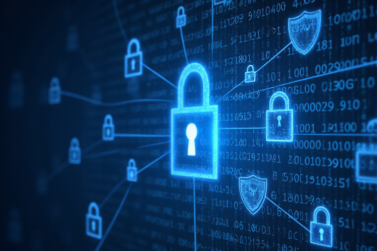 Data security illustration showing encrypted information